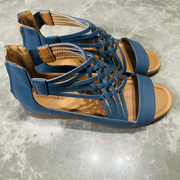 Comfortview Kim Sandals Strappy Faux Leather Zipper Open Toe Blue Size 9M - Picture 2 of 5